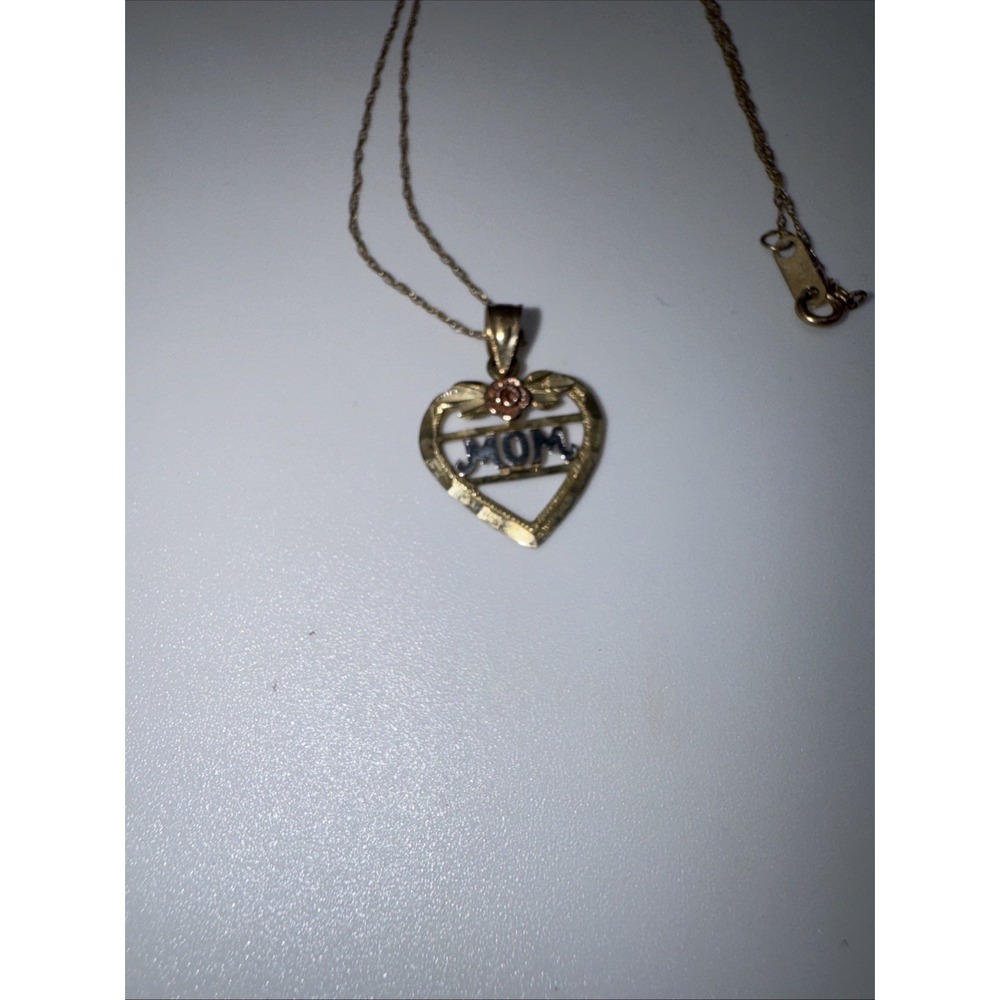 10Kt Solid White Rose Yellow Gold MOM Pendant Charm Necklace Vintage